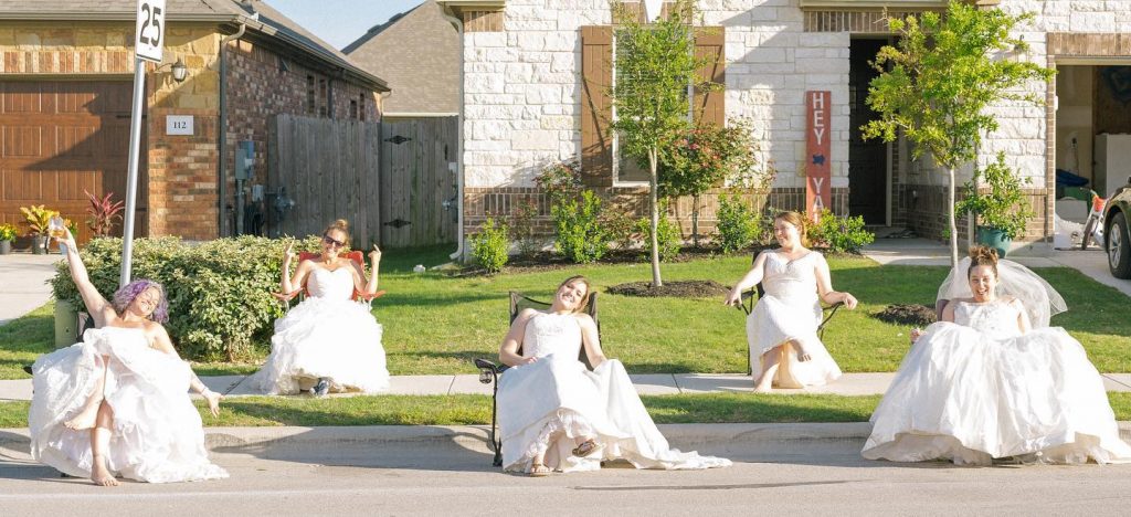 Neighbours pose for 'Wedding dress Wednesday' photoshoot